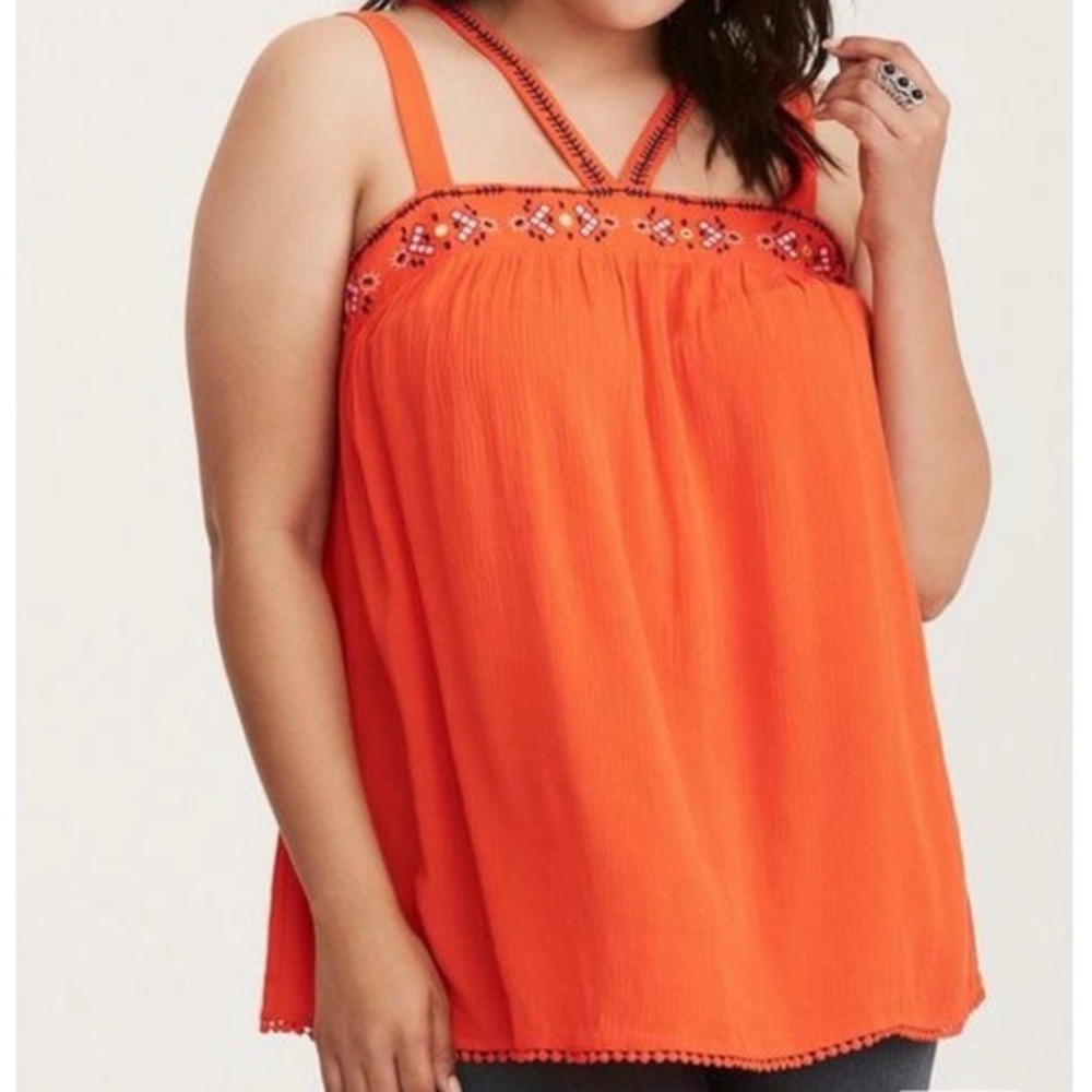Torrid 6 Orange Crinkle Gauze Embroidered V Strap Tank